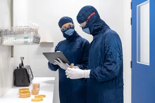 Pharmaceutical research laboratory with scientist conducting medicine development